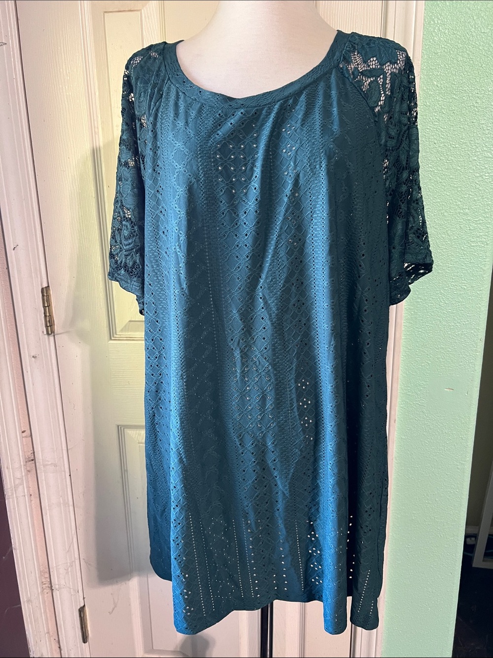 BloomChic Teal Eyelet Lace Sleeve Swim Coverup
